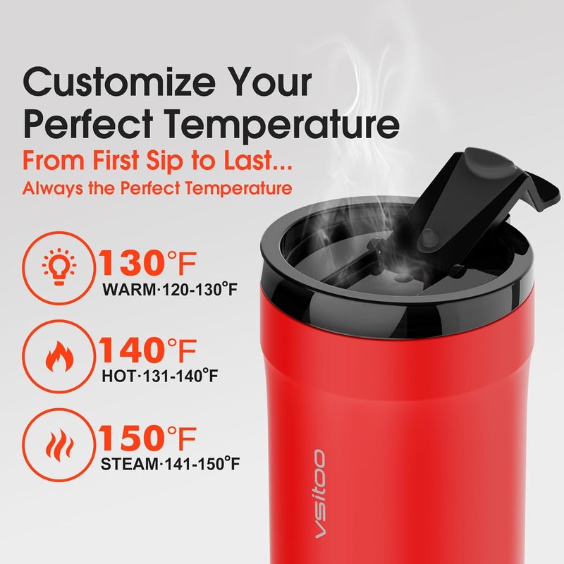 vsitoo S5 heated travel mug,16oz, Auto-Sensing AI Heats Drinks To 120-150°F Hands-Free. Temperature Control for All Cars, Perfect for Home/Office/Travel/Outdoor, Ideal Gift for Coffee Lovers - Red - Image 4
